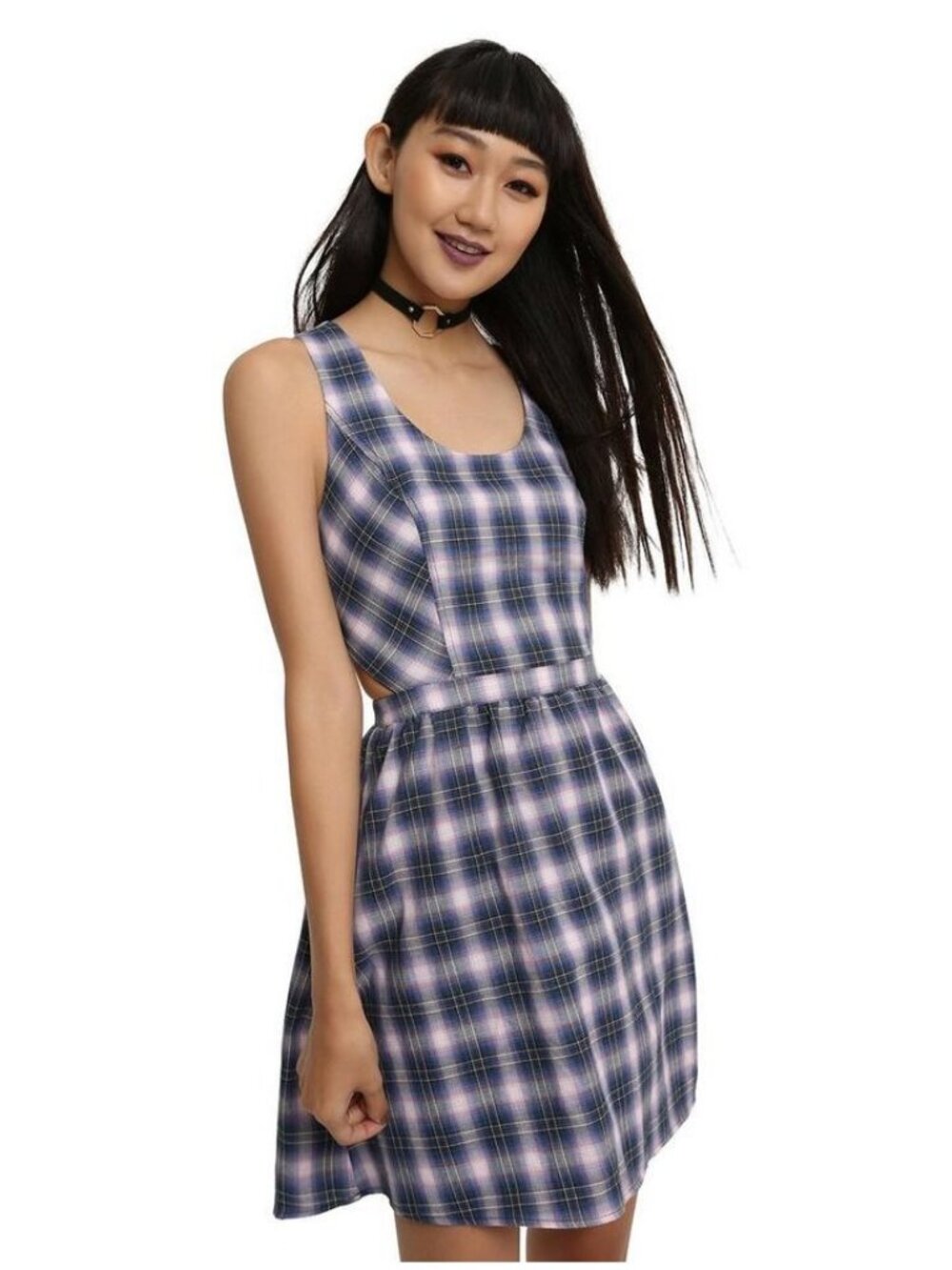 Hot Topic Size Large Pink Blue Plaid Skater Dress Side Cut Outs Sleeveless Mini